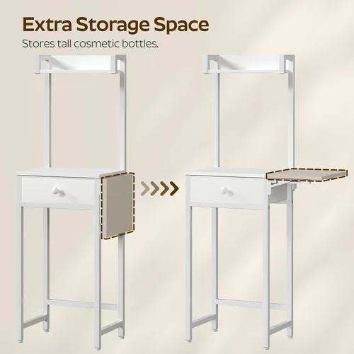 Vista 4 de YATINEY Escritorio pequeño sin espejo, mesa de tocador de maquillaje para espacios pequeños, tocador blanco compacto con panel plegable y cajón
