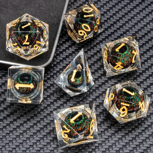 Vista 2 de KERWELLSI - Juego de dados de resina con núcleo líquido flotante con caja de regalo, dados DND con ojo de Beholder de borde afilado y genial, dados