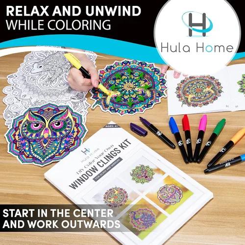 Vista 2 de Kit de Arte de Vitral Mandala Hula Home - Animales DIY para Ventanas con Marcadores, 10 Atrapasoles - Perfecto Hobby para Adultos, Niños