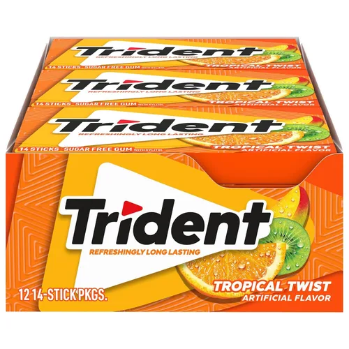 Vista 9 de 12 paquetes de 14 unidades cada uno; es decir, en total son 168 unidades de goma de mascar Trident Bubblegum sin azúcar sabor chicle. Accesorios