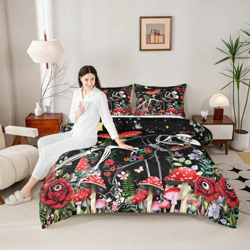 Vista 33 de Juego de edredón de champiñones para niños, tamaño individual, juego de ropa de cama romántica con sol, luna, cielo estrellado y galaxia, decoración