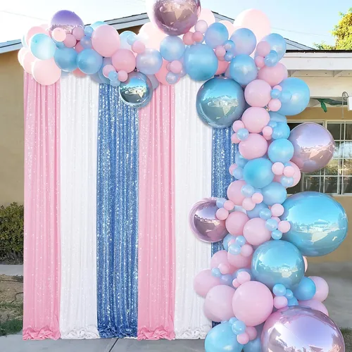 Vista 9 de Cortinas de fondo de lentejuelas con purpurina azul bebé, 2 piezas de 2 x 8 pies, telón de fondo de fiesta de baby shower para niños, hermosas