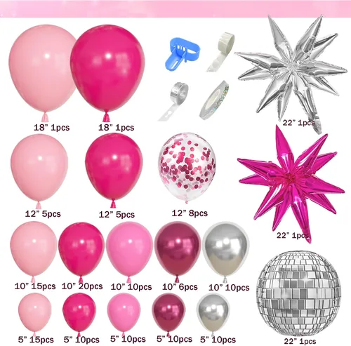Vista 3 de Kit de arco de guirnalda de globos de princesa rosa y plateado de 143 piezas