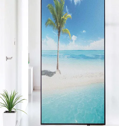 Vista 16 de Película decorativa de privacidad para ventana, control de calor, bloqueo solar, protección UV, diseño abstracto oceánico, adherencia estática Azul