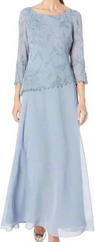 Vista 3 de J Kara Vestido largo con cuello redondo y manga 3/4 para mujer Cameo/Blanco/Plata
