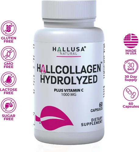 Vista 2 de Hallusa Natural Cápsulas de colágeno hidrolizado de 1000 mg con vitamina C - Suplemento antienvejecimiento para piel, cabello, uñas y articulaciones