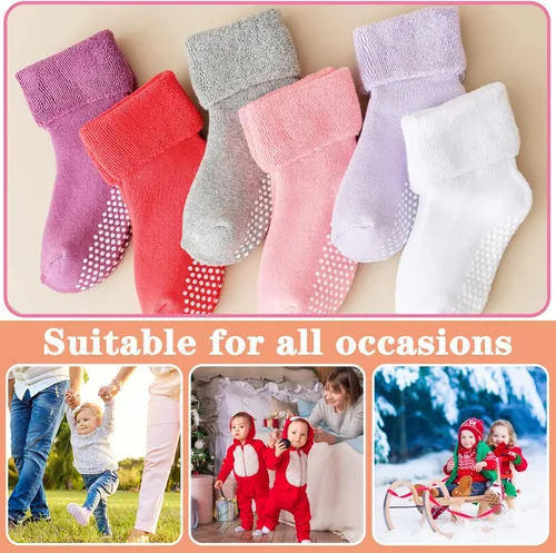 Vista 6 de hakugoo 6 pares de calcetines antideslizantes para niños pequeños con pinzas de invierno, gruesos, cálidos, acogedores, calcetines para bebés y niños
