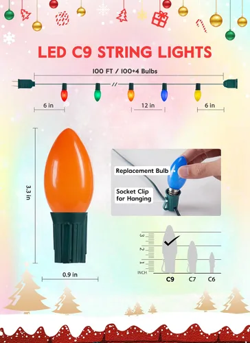 Vista 7 de Luces de Navidad vintage para exteriores, cadena de luces C9 de 100 pies con 100 bombillas LED Luces de árbol de Navidad comerciales impermeables