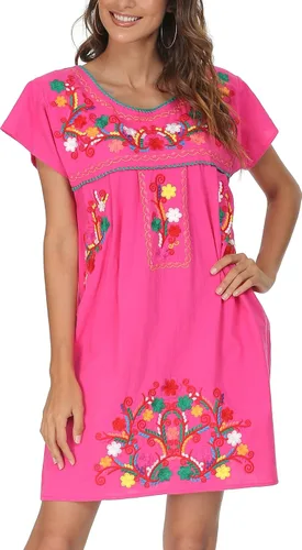 Vista 8 de YZXDORWJ - Vestido mexicano bordado de manga corta para mujer