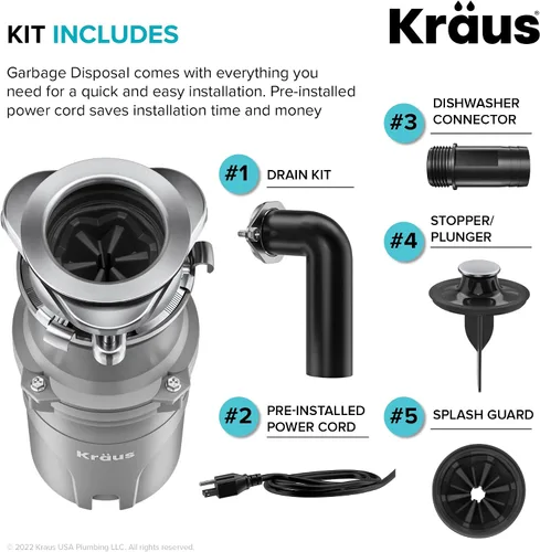 Vista 4 de KRAUS® WasteGuard™ - Triturador de basura de alimentación continua de 1/2 HP con motor ultrasilencioso de alta velocidad, cable de alimentación
