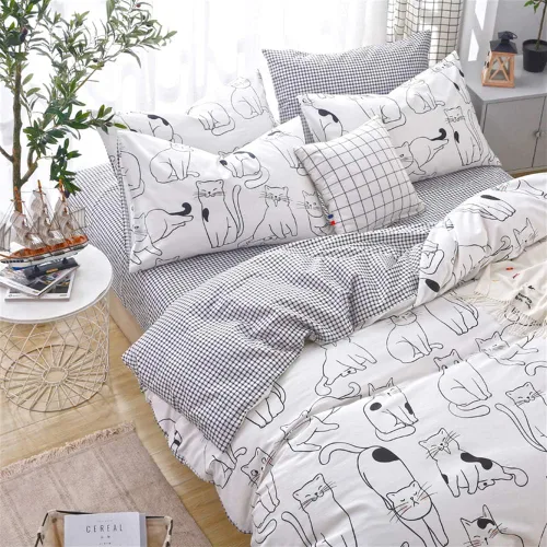 Vista 4 de Juego de funda de edredón de gatos, tamaño individual, ropa de cama 100% algodón, varios patrones de gatos de dibujos animados impresos en blanco
