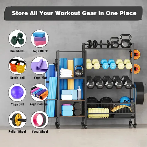 Vista 5 de Soporte para mancuernas de 3 niveles, estante de peso ajustable para gimnasio en casa Heavy-duty stand with hooks for dumbbells, kettlebells, foam