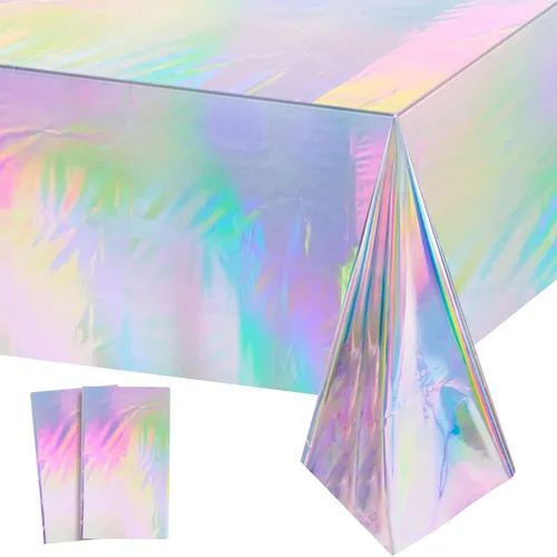 Vista 42 de Paquete de 1 mantel de plástico a cuadros negros e iridiscentes, manteles rectangulares desechables con láser, mantel de papel de aluminio