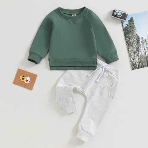 Vista 2 de Karuedoo Conjunto de sudadera y pantalones deportivos de color sólido para bebé niño y niña