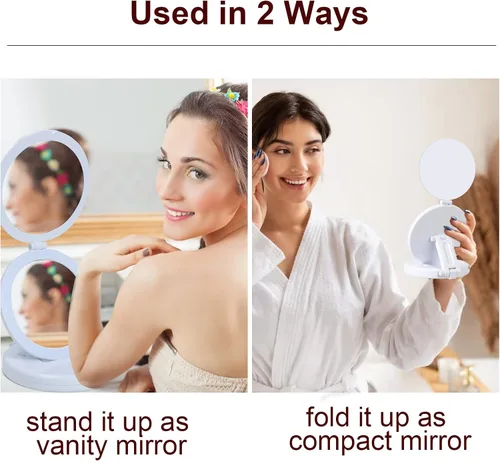 Vista 4 de Espejo de maquillaje iluminado con aumento, espejo de tocador triple con luces LED, funciona con pilas o enchufe USB, aumento 5X, portátil