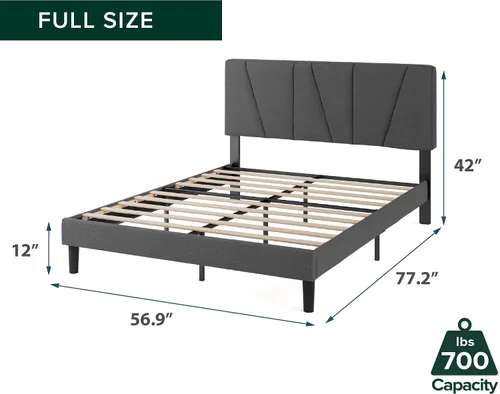 Vista 2 de Zinus - Base de cama Maya tapizada tamaño Full con cabecero asimétrico, listones de madera duraderos, estructura resistente, sueño sin ruido,