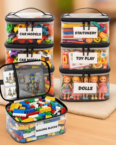 Vista 8 de Paquete de 6 bolsas de almacenamiento transparentes extra grandes con etiqueta y bolsillo, bolsas organizadoras versátiles impermeables para libros