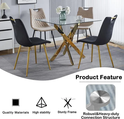 Vista 6 de Mesa de comedor cuadrada de 36 pulgadas para 2, 3, 4 personas, mesa de comedor moderna con patas de metal cromado dorado en forma de X, mesa