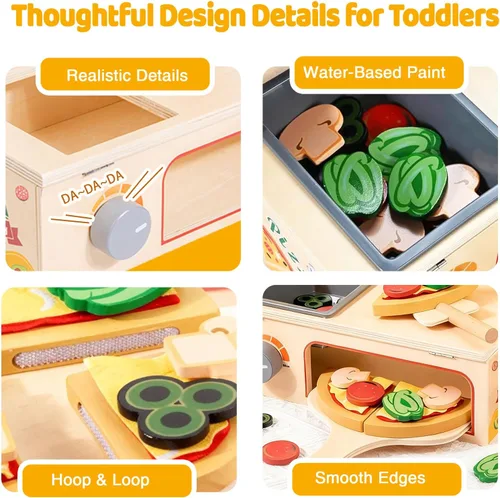 Vista 3 de Juego de comida de madera para niños, juego de hamburguesas de juguete de comida rápida, accesorios de cocina para niños pequeños, regalo de comida