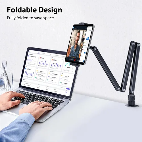 Vista 4 de Soporte de escritorio para tableta, soporte de mesa extensible para iPad, soporte giratorio de aluminio de 360° con base de metal, compatible
