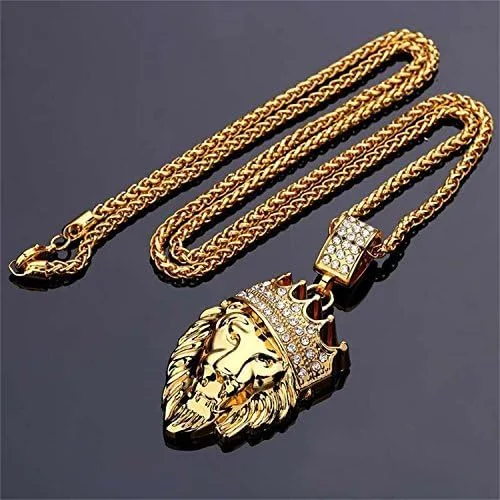 Vista 5 de Hip Hop Jewelry - Colgante de cabeza de león con corona de oro, diamantes de imitación transparentes, juego de puntas de diamantes, cadena cubana