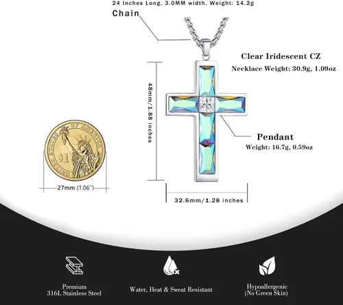 Vista 55 de Collar de cruz para hombre, piedras preciosas de color piedra natal de circonita cúbica, collar de acero inoxidable para hombre, cadena de 24