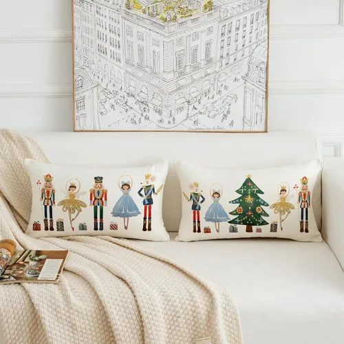 Vista 2 de Juego de 2 fundas de almohada de Feliz Navidad de 12 x 20 pulgadas, fundas de almohada de cascanueces de Navidad, fundas de cojín de invierno
