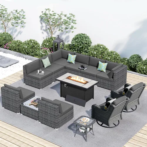 Vista 42 de HOOOWOOO Juego de sofá modular para patio al aire libre, 7 piezas en forma de U, juego de sofá de mimbre rústico para 6 personas, juego de Beige