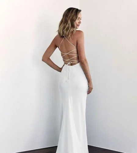Vista 2 de Bestluckw Vestido de noche formal de sirena sin espalda con cuello redondo