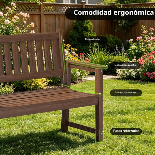 Vista 4 de Banco para exteriores, banco de jardín para 2 personas, banco de patio de madera de polietileno para exteriores, porche y parque (marrón)