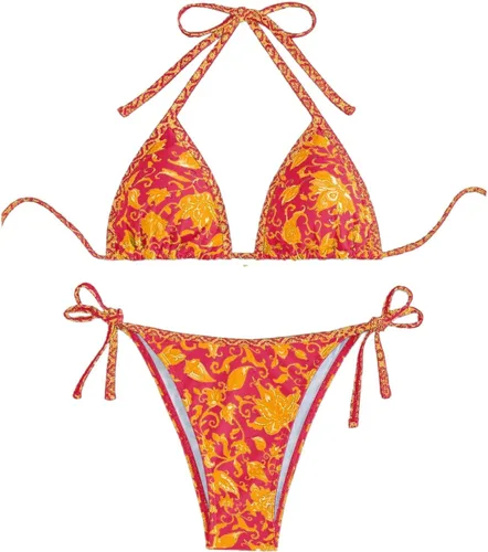 Vista 6 de WDIRARA Traje de baño de dos piezas para mujer estilo boho con estampado floral, conjunto de bikini halter con tiras en forma de triángulo