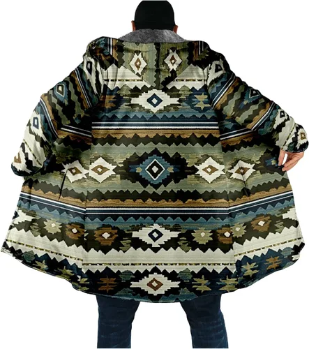 Vista 4 de Chaqueta de forro polar con capucha para hombre, con estampado azteca, de algodón pesado, con cremallera, manga larga, chaqueta con capucha