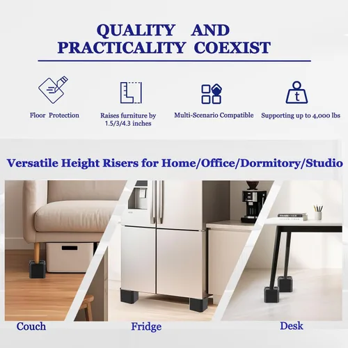 Vista 4 de Elevadores de cama resistentes, bloques elevadores de muebles ajustables de 1.5, 3, 4.3 pulgadas para patas de sofá, mesa, escritorio, refrigerador