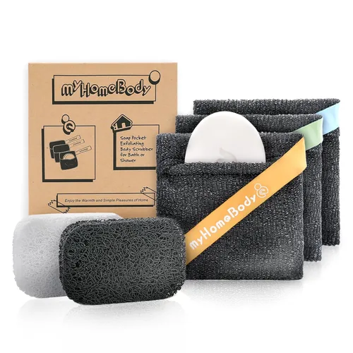 Vista 8 de myHomeBody Bolsa exfoliante con bolsillos de jabón, gris grafito, paquete