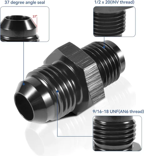 Vista 4 de Adaptador de ajuste de rosca con estriado invertido 6AN macho a 1/2 x 20 Aluminio negro recto Paquete de 2 PFCKE