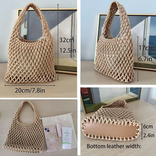 Vista 4 de Mini bolso de mano de pesca con red de pesca, cuerda de algodón, cordón de ganchillo, bolsa de playa tejida para mujeres y niñas