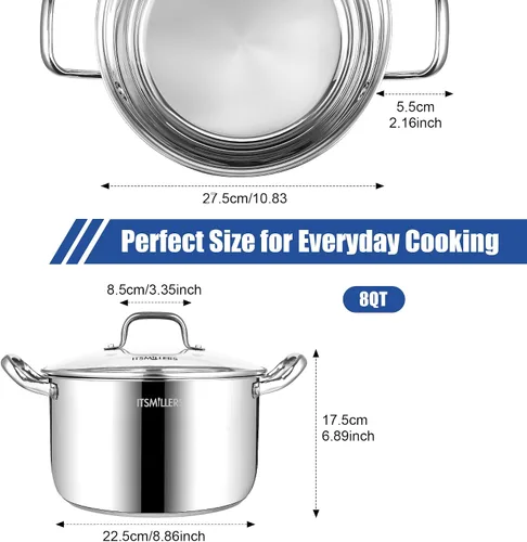 Vista 2 de ItsMillers Olla de acero inoxidable, 8 cuartos de galón, compatible con inducción, olla de cocina con mango remachado, apta para horno y lavavajillas
