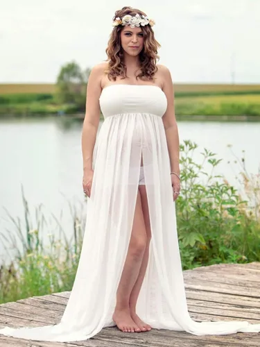 Vista 3 de Vestido de maternidad sin tirantes para mujer, con hombros descubiertos, para fotografía, vestido de gasa con abertura frontal para sesión de fotos