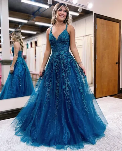 Vista 2 de Vestidos de graduación de tul con purpurina, cuello en V, apliques de encaje, vestidos largos de baile para mujer, vestidos formales de tirantes