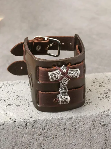 Vista 4 de HAQUIL Viking Bracelet for Men Viking Mjolnir Pendant Nordic Wide Leather Wristband Viking Jewelry Men