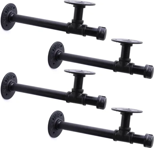 Vista 11 de Soportes de estante de tubo industrial de 3/4", soportes de estantería DIY de hierro negro montados en pared para colgar, soportes de tubería