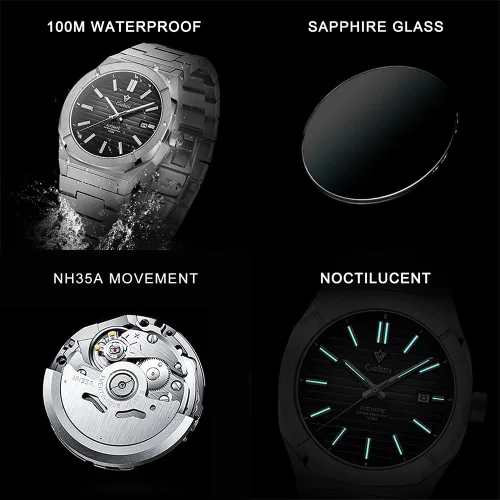 Vista 4 de CADISEN Los hombres del diseño relojes mecánicos automáticos 100M impermeable marca reloj de pulsera de lujo