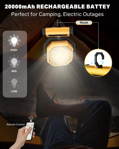 Vista 4 de Ventilador recargable portátil de 70 horas 20000 mAh de 9 pulgadas con oscilación automática/remoto/temporizador/luz LED, ventilador de camping