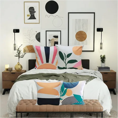 Vista 5 de Juego de 4 fundas de almohada abstractas de estilo bohemio de mediados de siglo, modernas, geométricas, hojas y sol, fundas de almohada bohemias