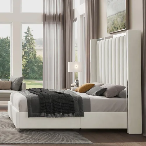 Vista 5 de Jocisland Marco de cama tamaño Queen con cabecero de 58 pulgadas de alto, cama de plataforma tapizada en terciopelo con cabecero tipo wingback