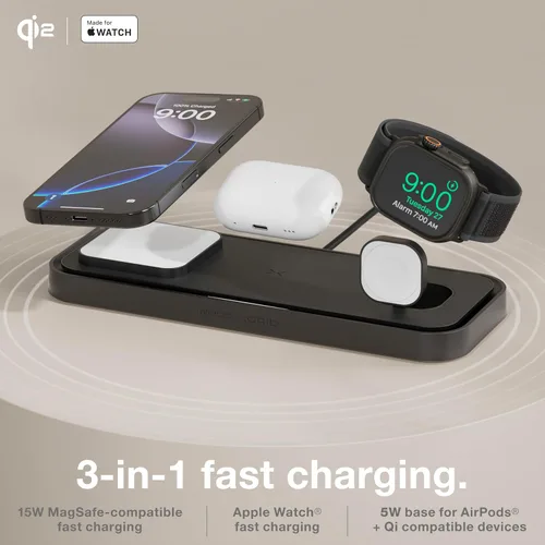 Vista 2 de NOCO XGrid XDP3: Almohadilla de carga inalámbrica 3 en 1 – Estación de carga para iPhone, Apple Watch y AirPods – Compatible con MagSafe