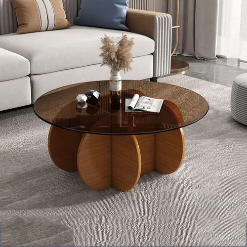 Vista 14 de HM&DX Mesa auxiliar redonda de cristal, base de madera maciza y parte superior de vidrio templado transparente, mesa auxiliar de café, mesa central