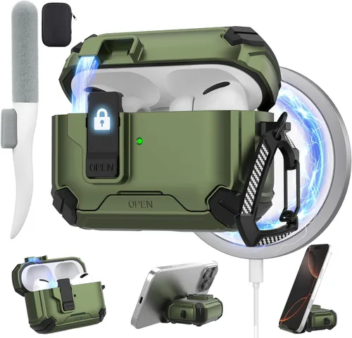Vista 26 de Maxjoy Funda protectora para AirPods 4 2024, funda protectora para AirPods de 4ª generación con bloqueo automático, compatible con MagSafe, Verde