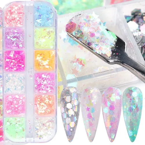 Vista 5 de 12 rejillas 3D de lentejuelas de uñas de sirena con purpurina con diseño holográfico, suministros de arte de uñas iridiscente con purpurina