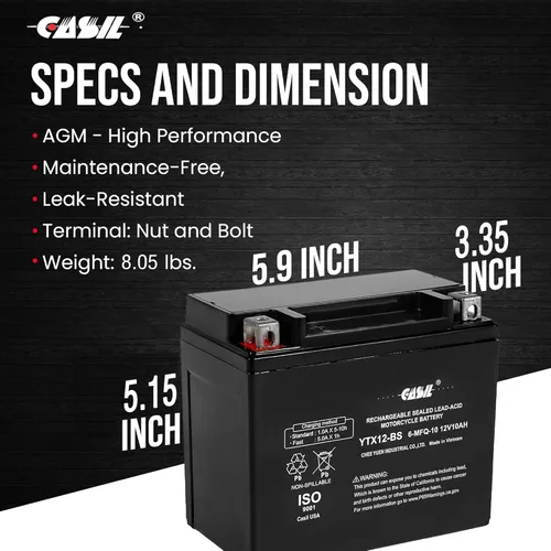 Vista 4 de Batería YTX12-BS 12V 10Ah 180 CCA - Batería de alto rendimiento AGM SLA para deportes de potencia de Casil